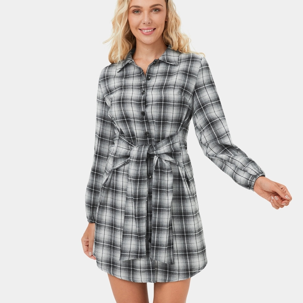 HALARA Black and White Buttoned Tie Front Mini Dress
